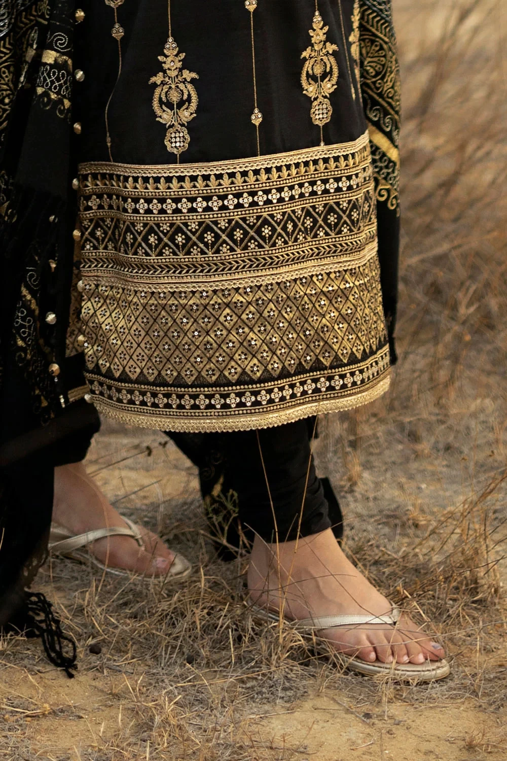 3 Piece Embroidered Khaddar Suit with Gold & Lacquer Printed Pashmina Dupatta - 
