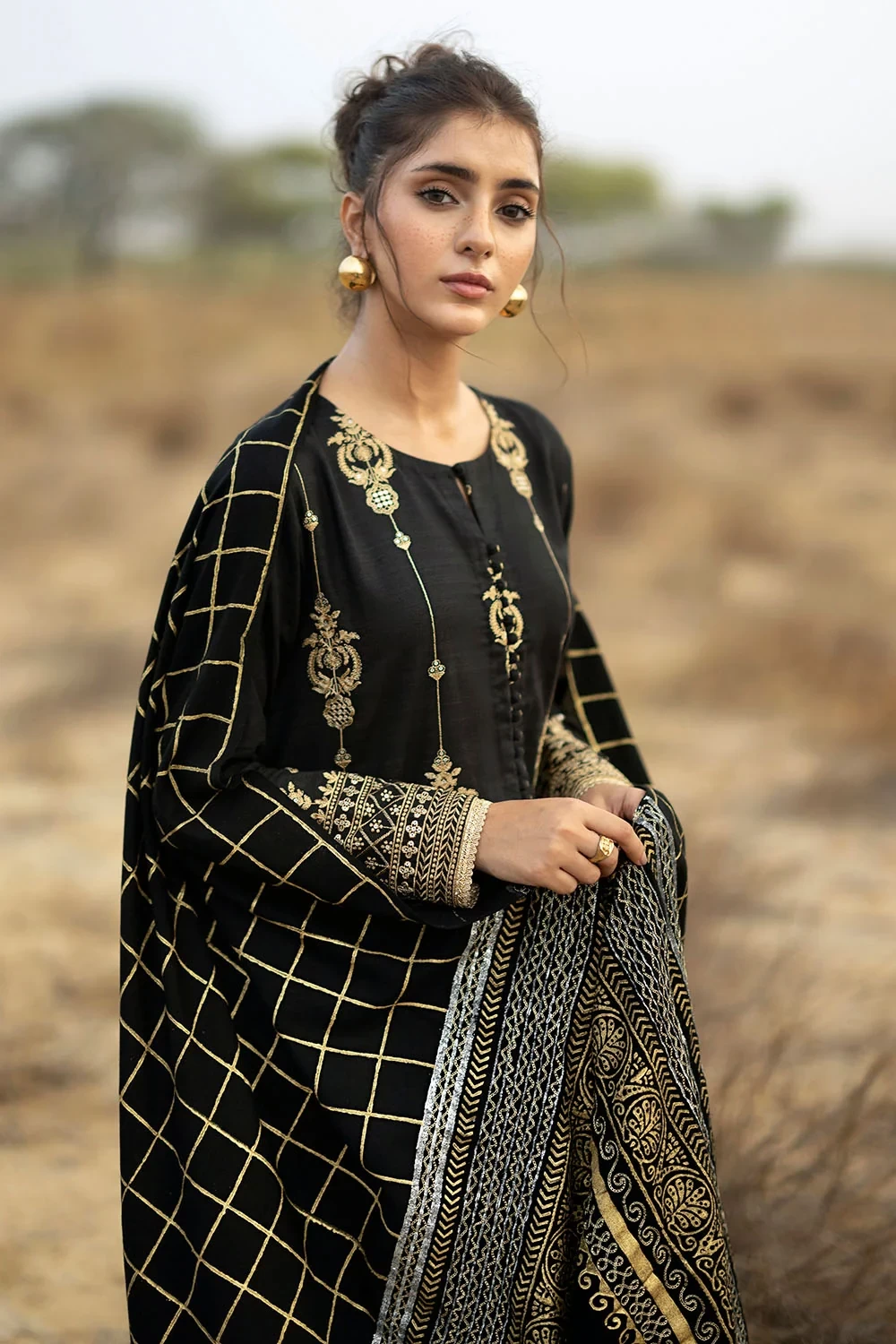 3 Piece Embroidered Khaddar Suit with Gold & Lacquer Printed Pashmina Dupatta - 