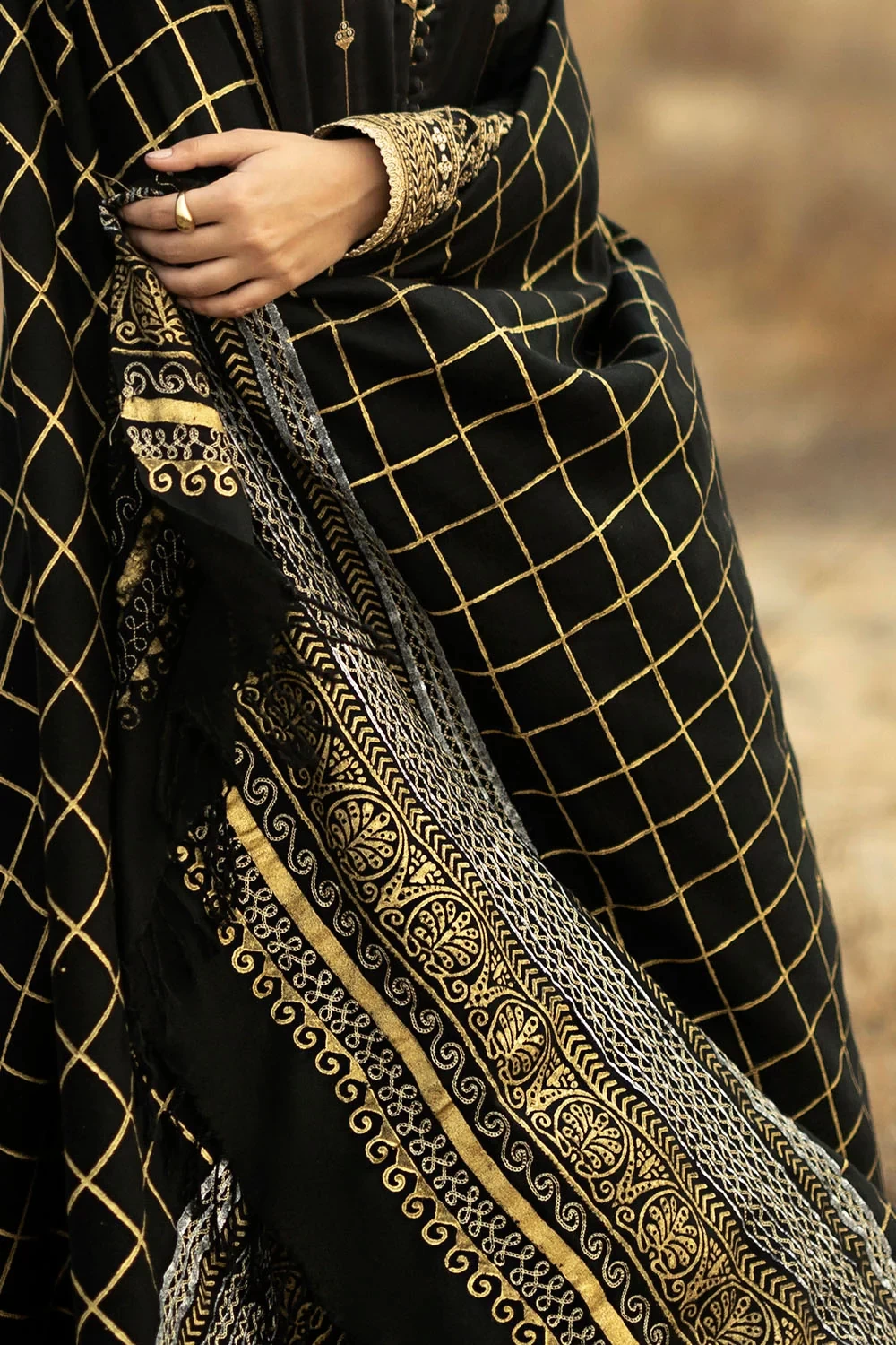 3 Piece Embroidered Khaddar Suit with Gold & Lacquer Printed Pashmina Dupatta - 