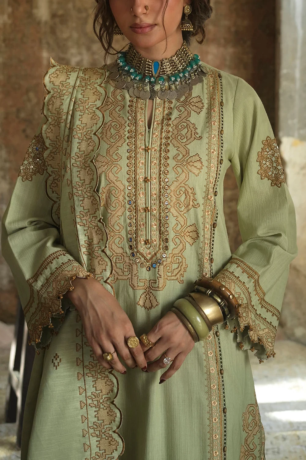 3 Piece Embroidered Khaddar Suit with Embroidered Khaddar Dupatta - W-FB-CW-26-4