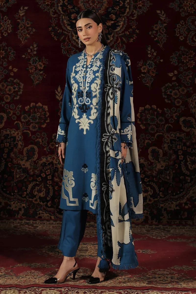 3 Piece Embroidered Textured Cotton Linen Suit - W-FB-WCH-26-487555