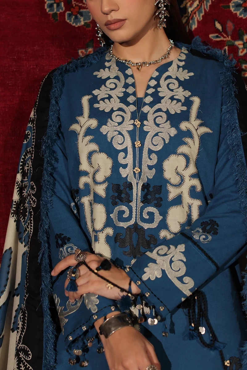 3 Piece Embroidered Textured Cotton Linen Suit - W-FB-WCH-26-487555