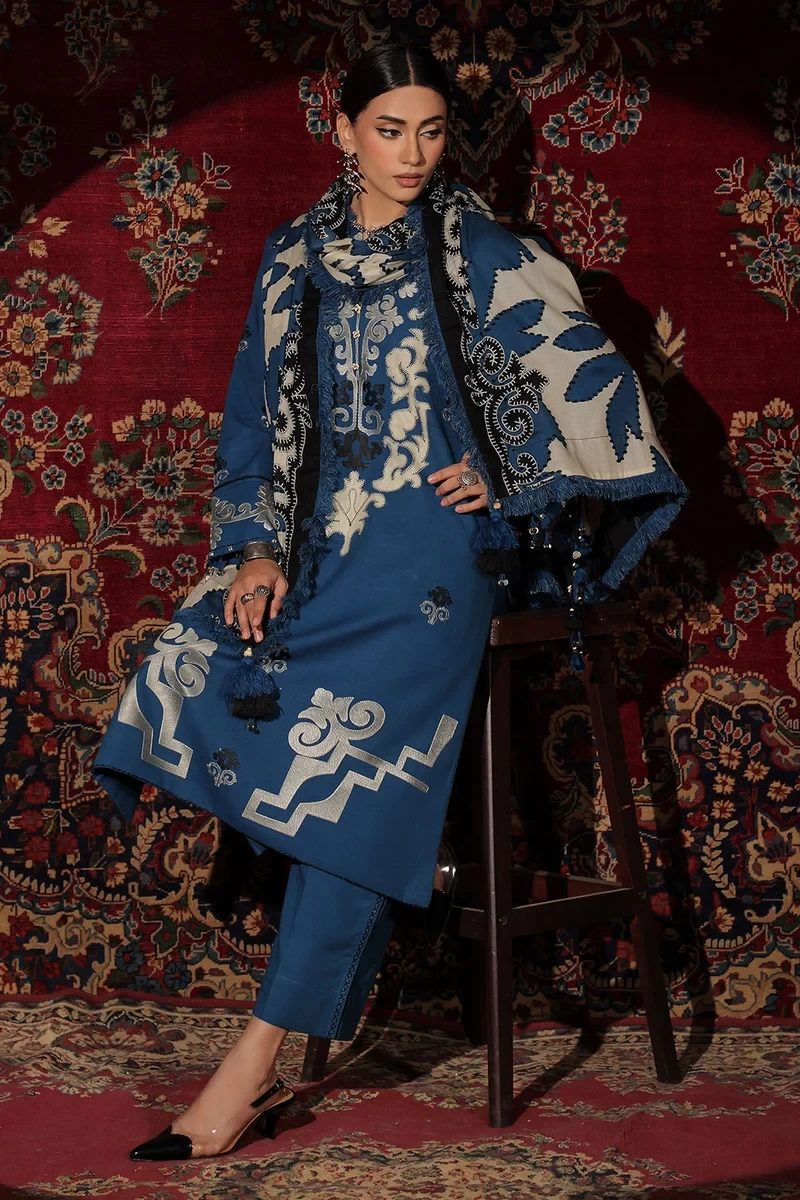 3 Piece Embroidered Textured Cotton Linen Suit - W-FB-WCH-26-487555