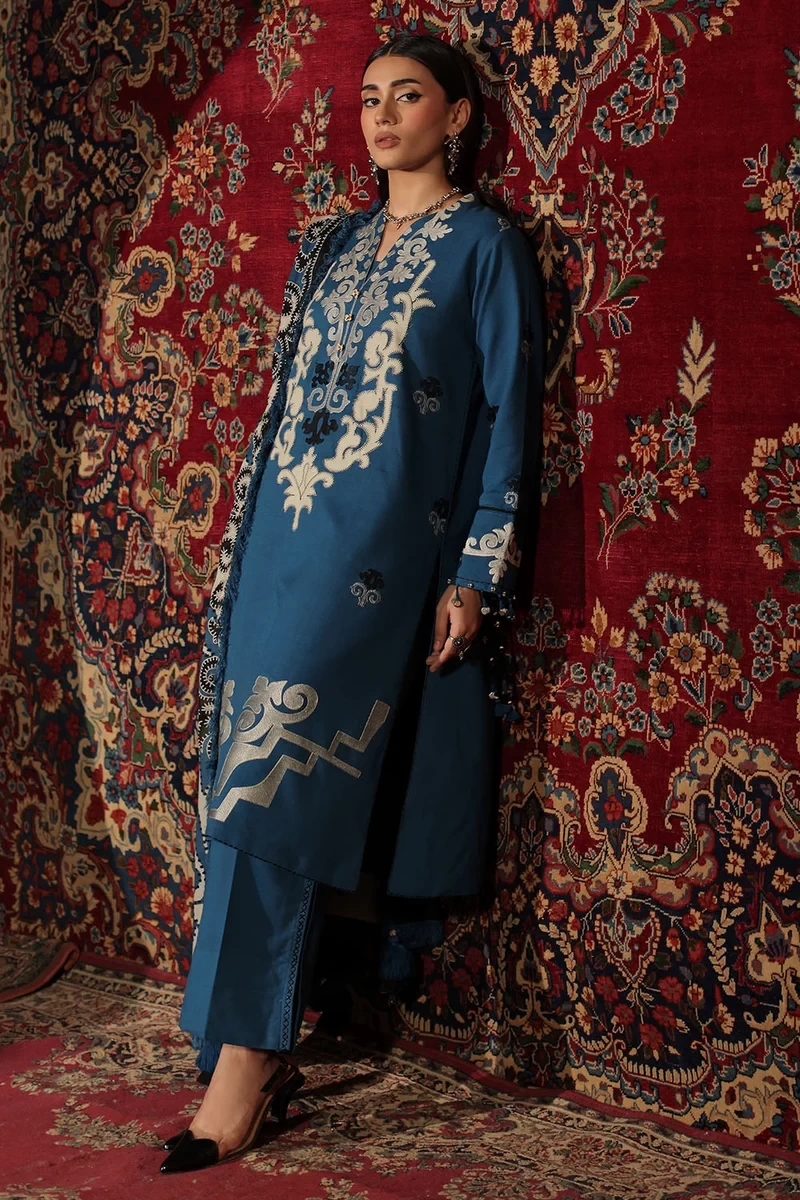 3 Piece Embroidered Textured Cotton Linen Suit - W-FB-WCH-26-487555