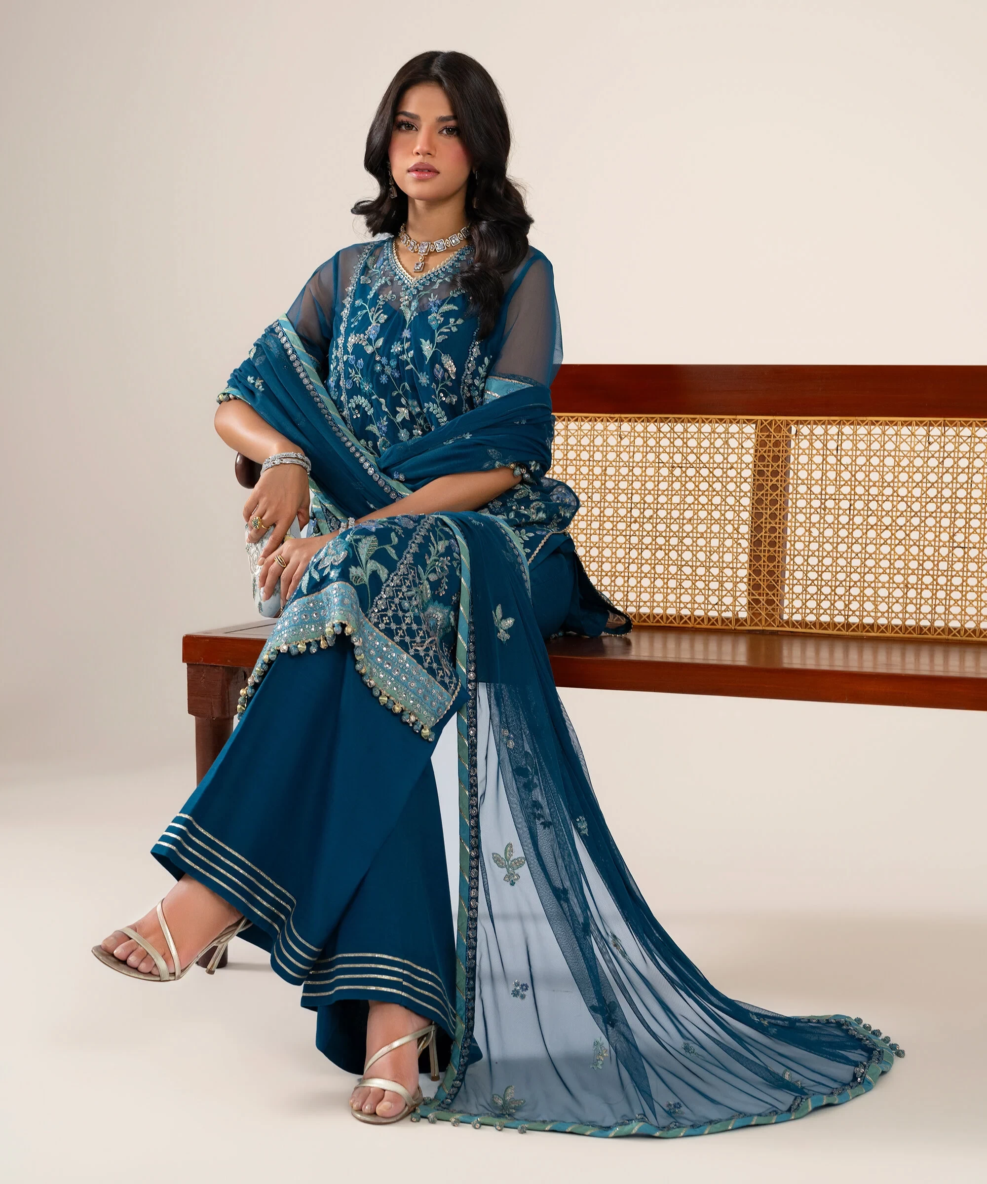 3 Piece - Embroidered Net Suit - U3PELXS26V92