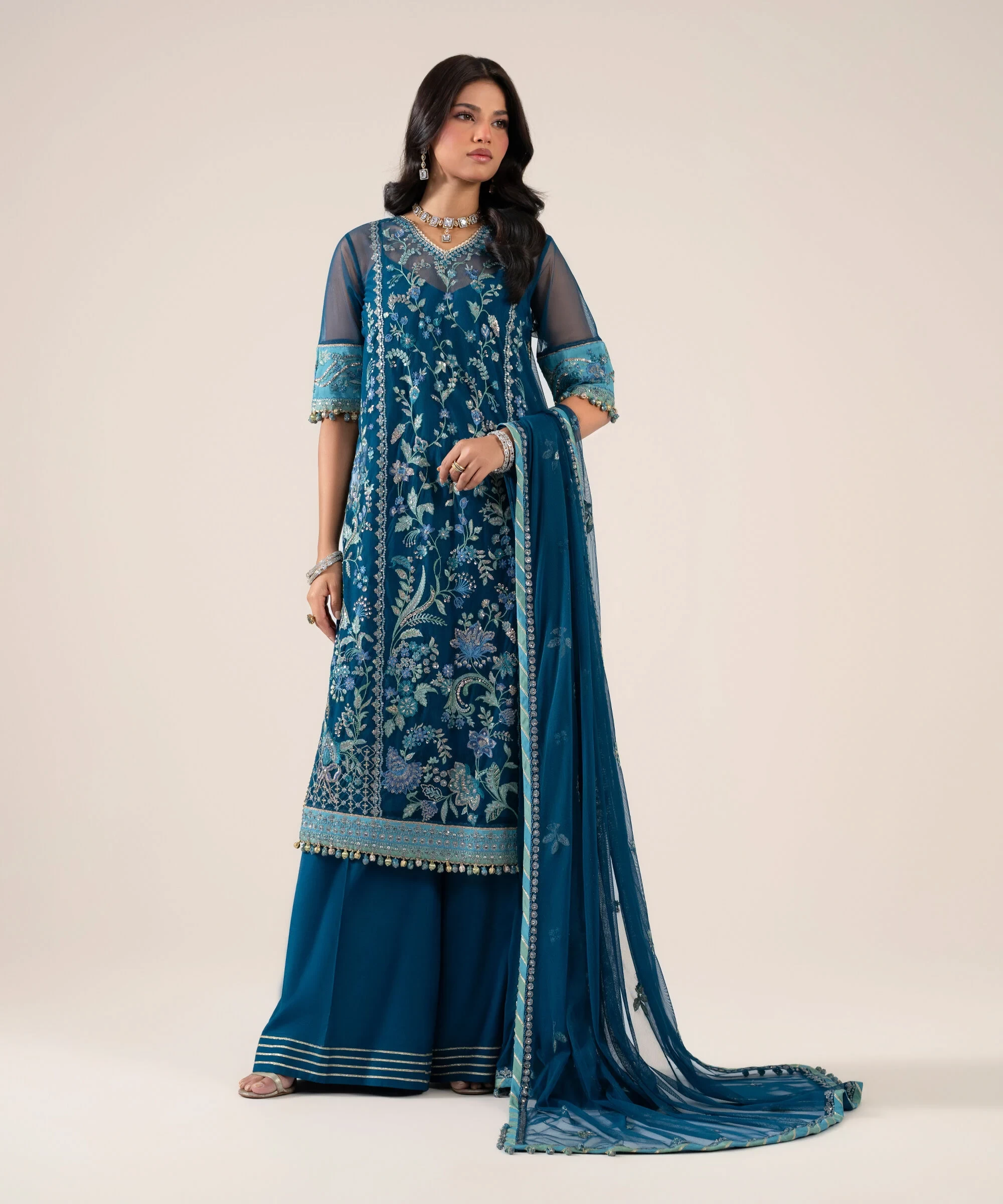 3 Piece - Embroidered Net Suit - U3PELXS26V92