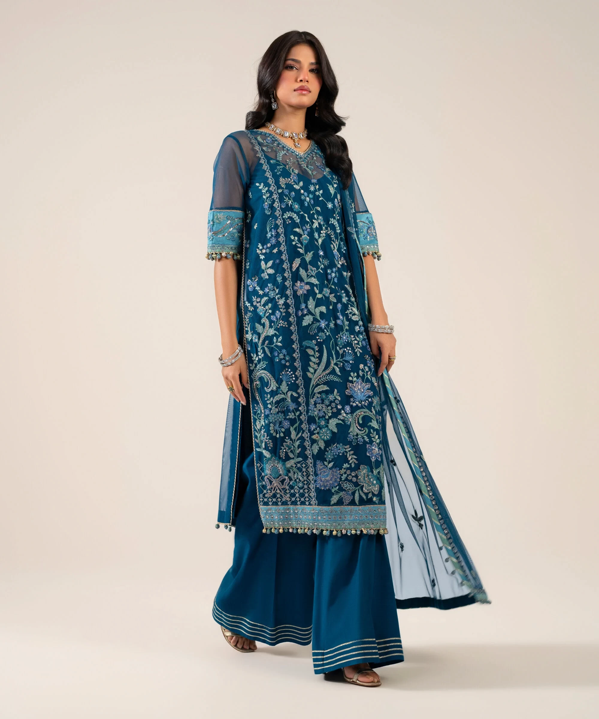 3 Piece - Embroidered Net Suit - U3PELXS26V92