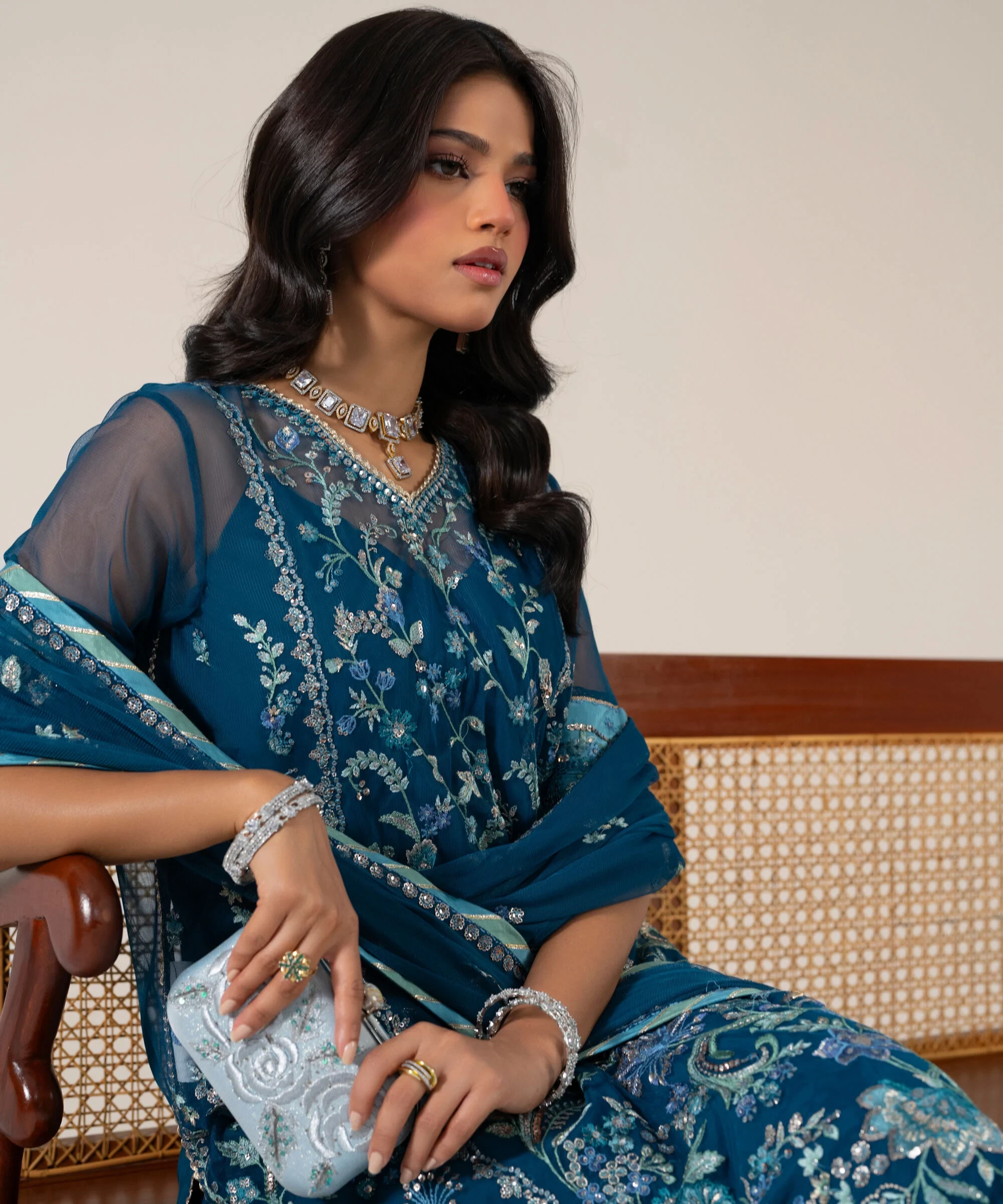 3 Piece - Embroidered Net Suit - U3PELXS26V92