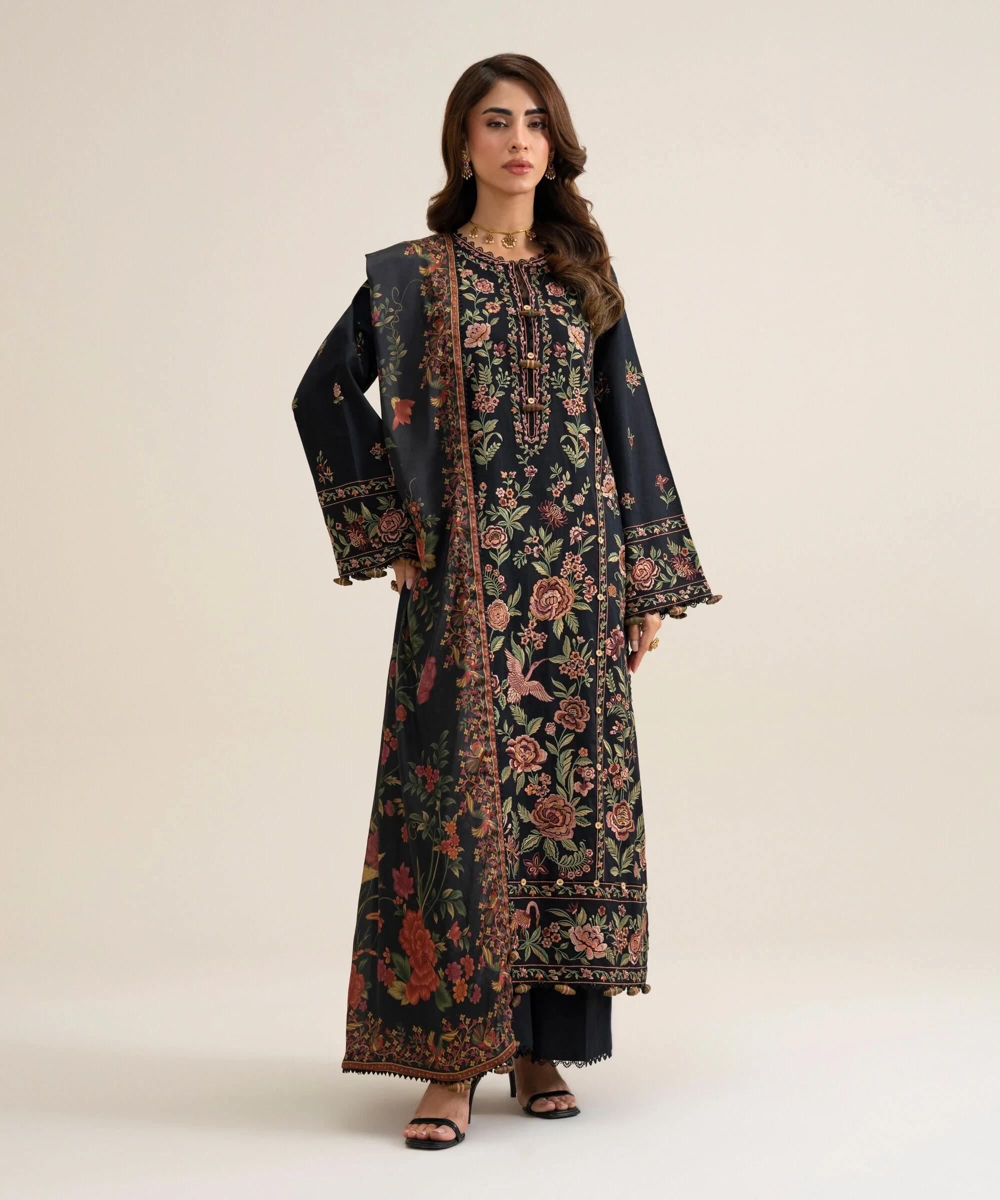 3 Piece - Embroidered Fine Cotton Satin Suit - U3PELX26V910