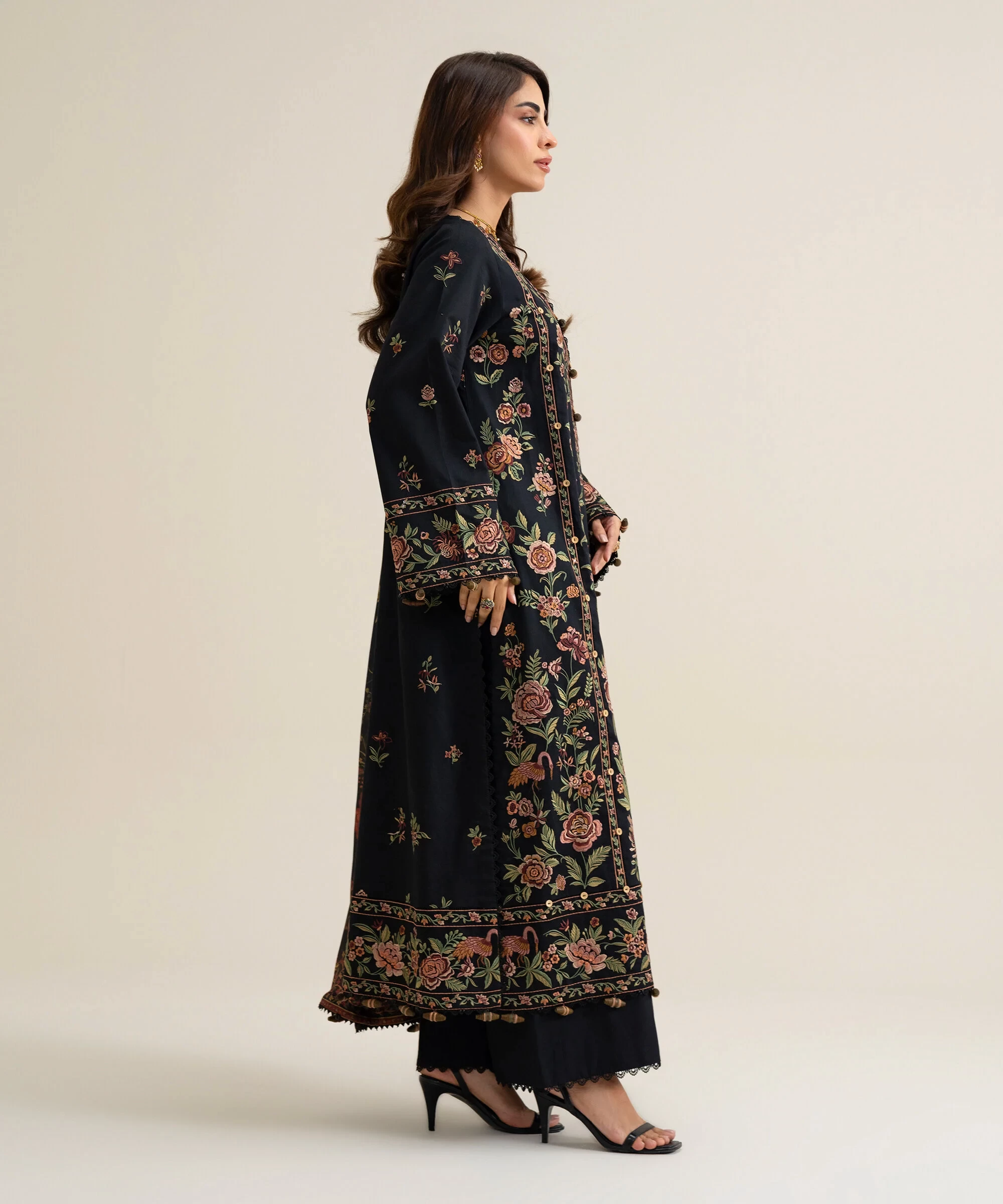 3 Piece - Embroidered Fine Cotton Satin Suit - U3PELX26V910