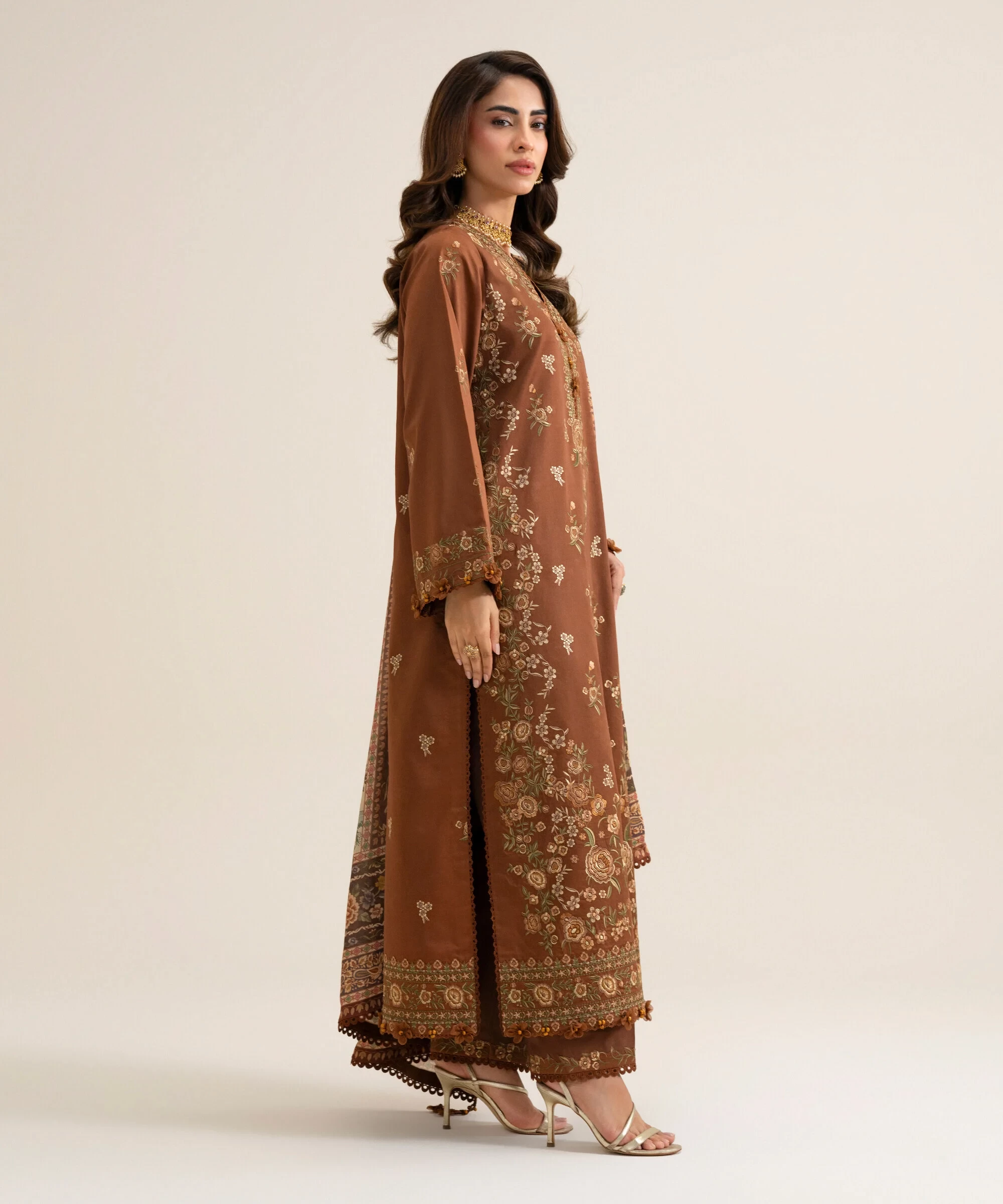 3 Piece - Embroidered Fine Cotton Satin Suit - U3PELX26V911