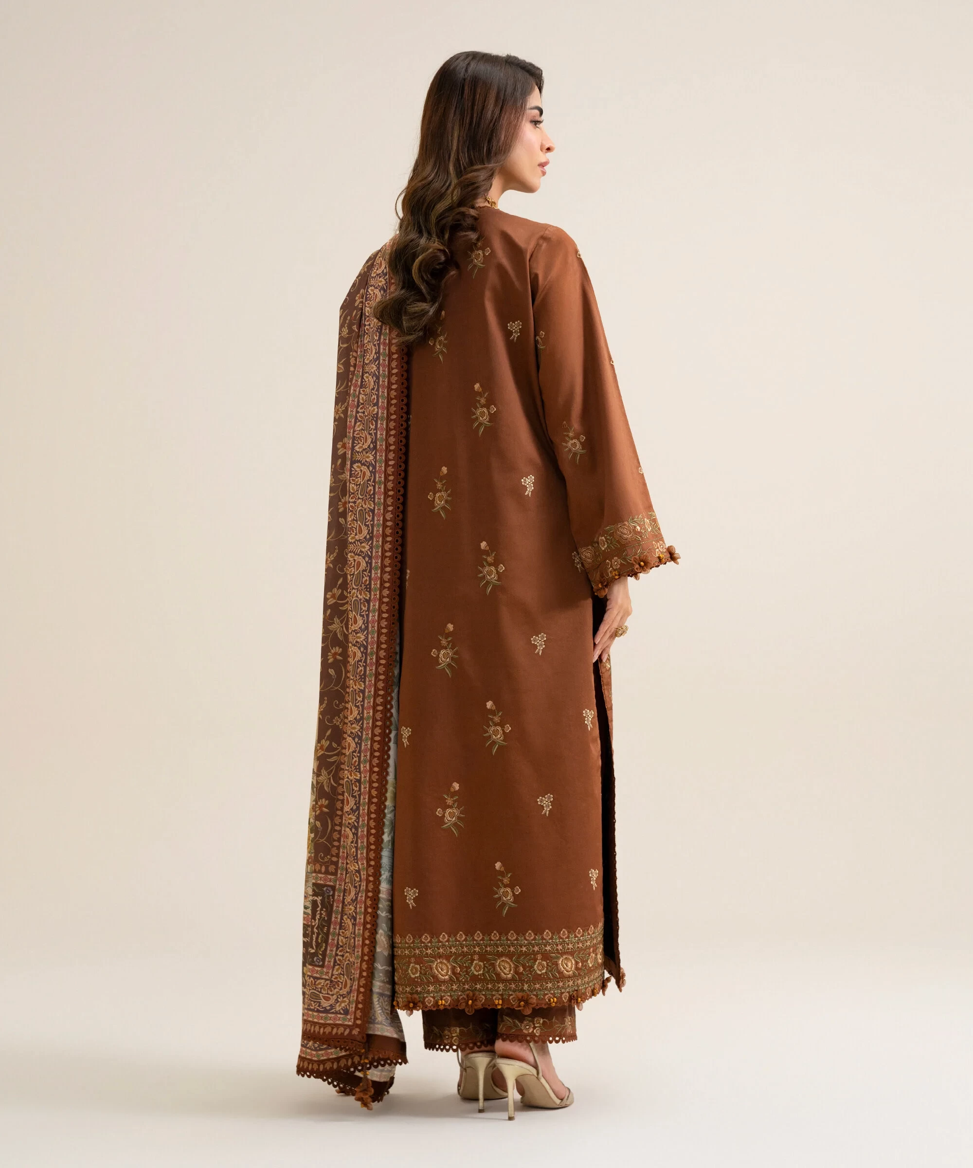 3 Piece - Embroidered Fine Cotton Satin Suit - U3PELX26V911