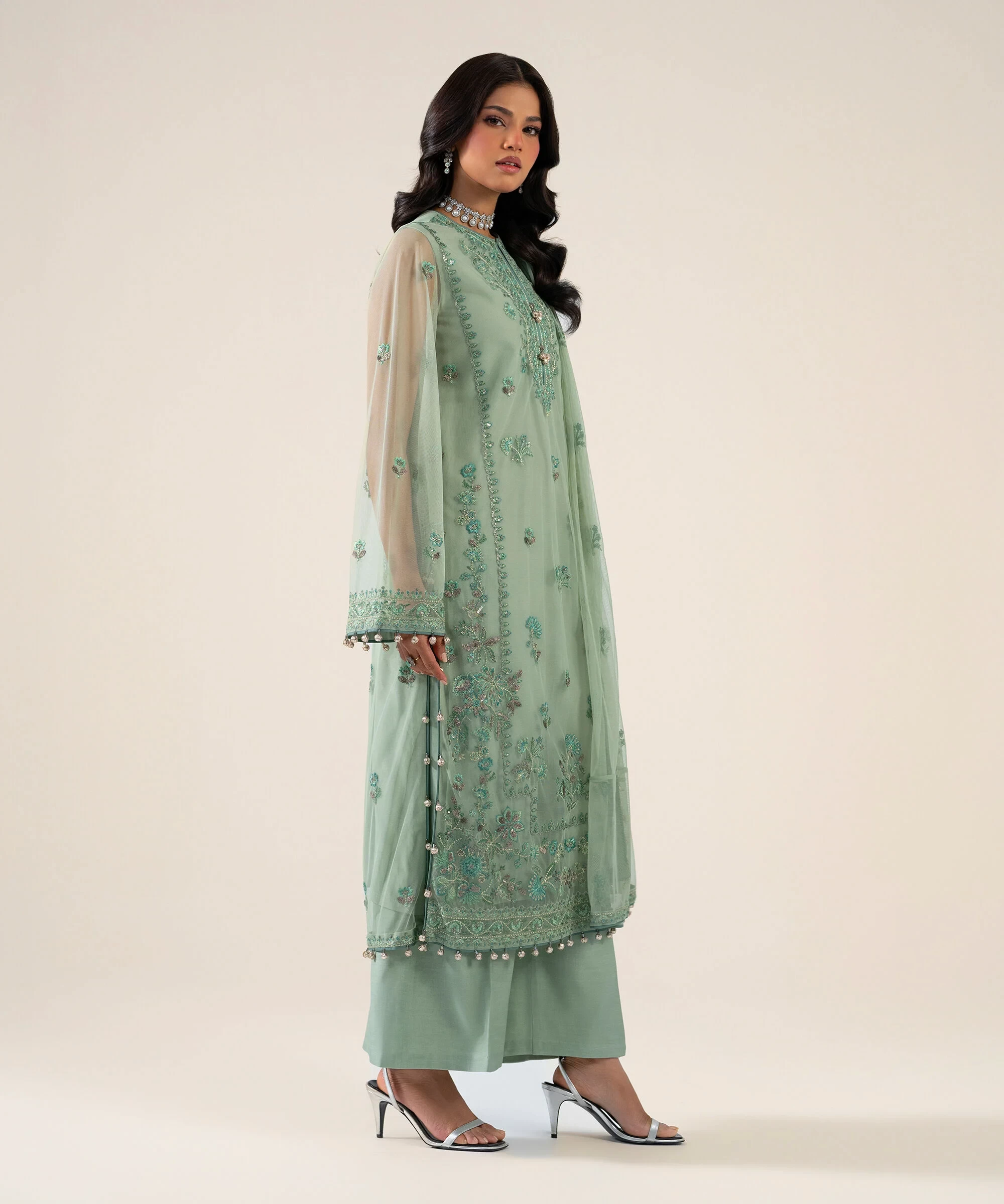 3 Piece - Embroidered Net Suit - U3PELXS26V91
