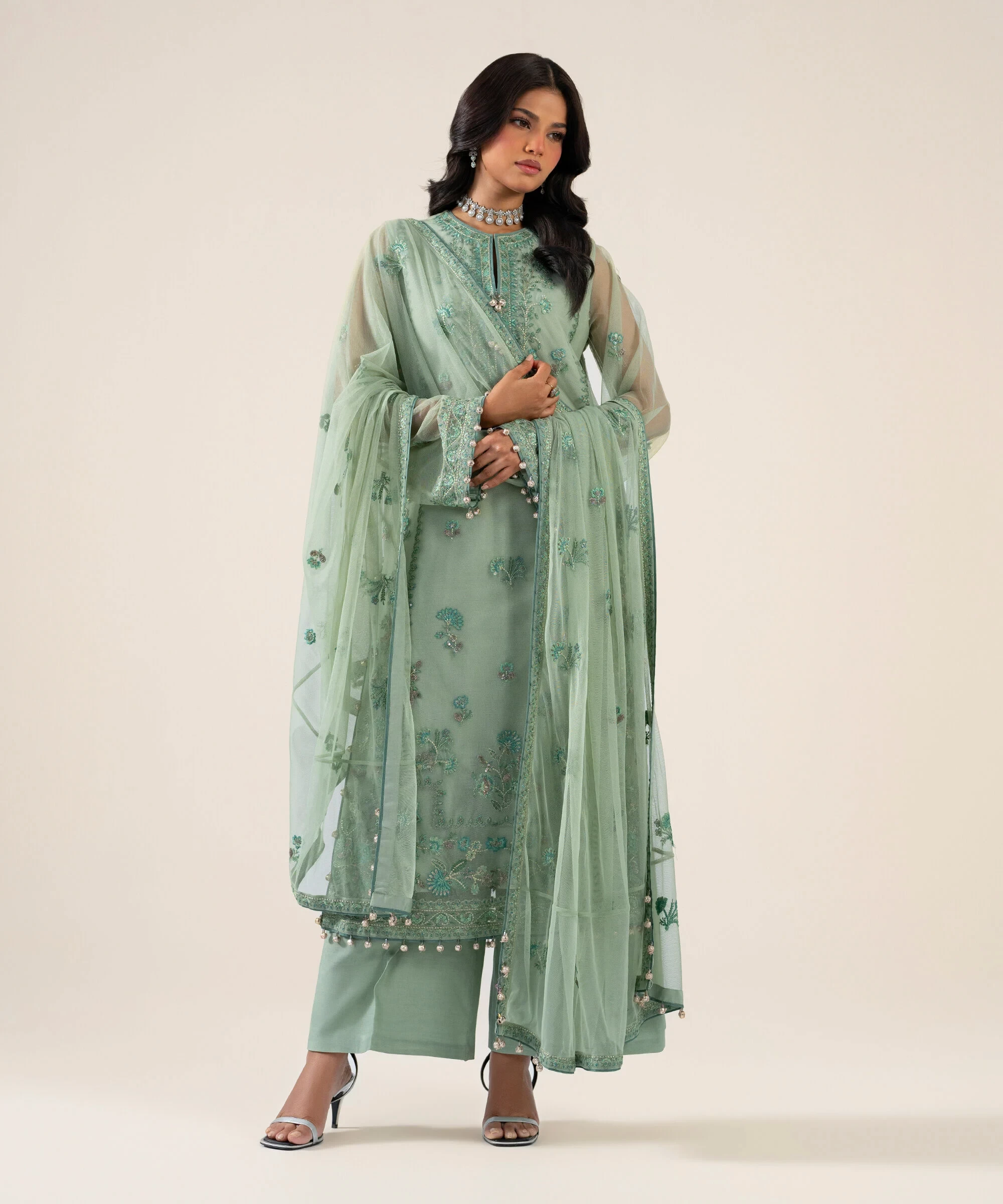 3 Piece - Embroidered Net Suit - U3PELXS26V91