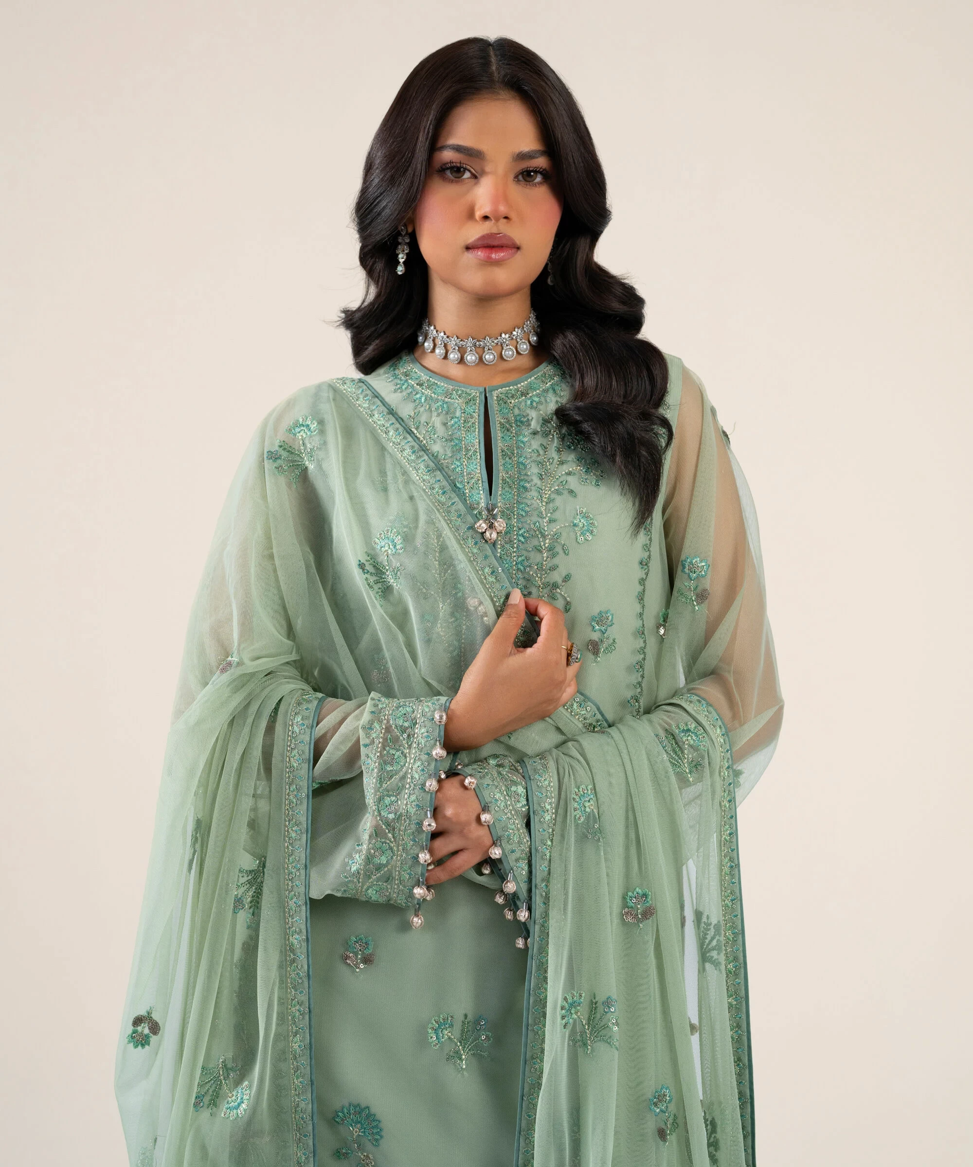 3 Piece - Embroidered Net Suit - U3PELXS26V91
