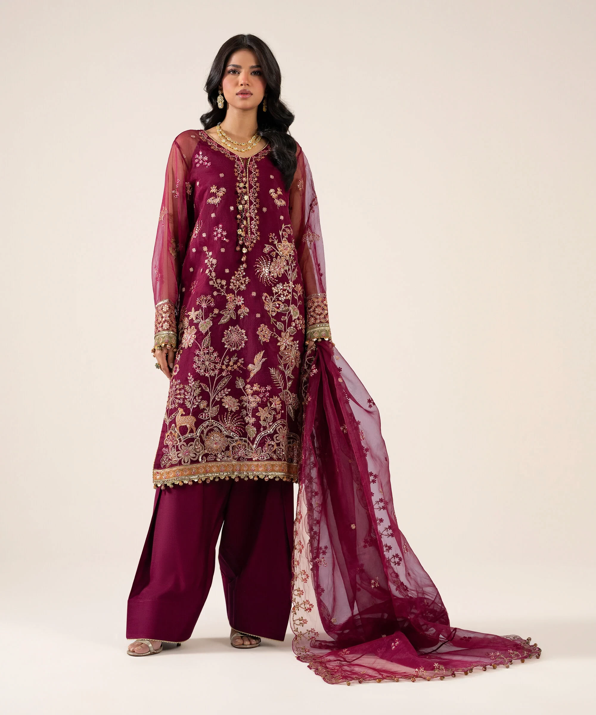 3 Piece - Embroidered Organza Suit - U3PELXS26V95