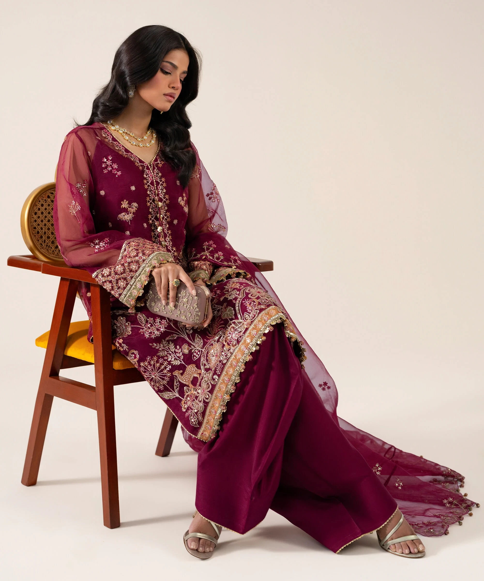 3 Piece - Embroidered Organza Suit - U3PELXS26V95
