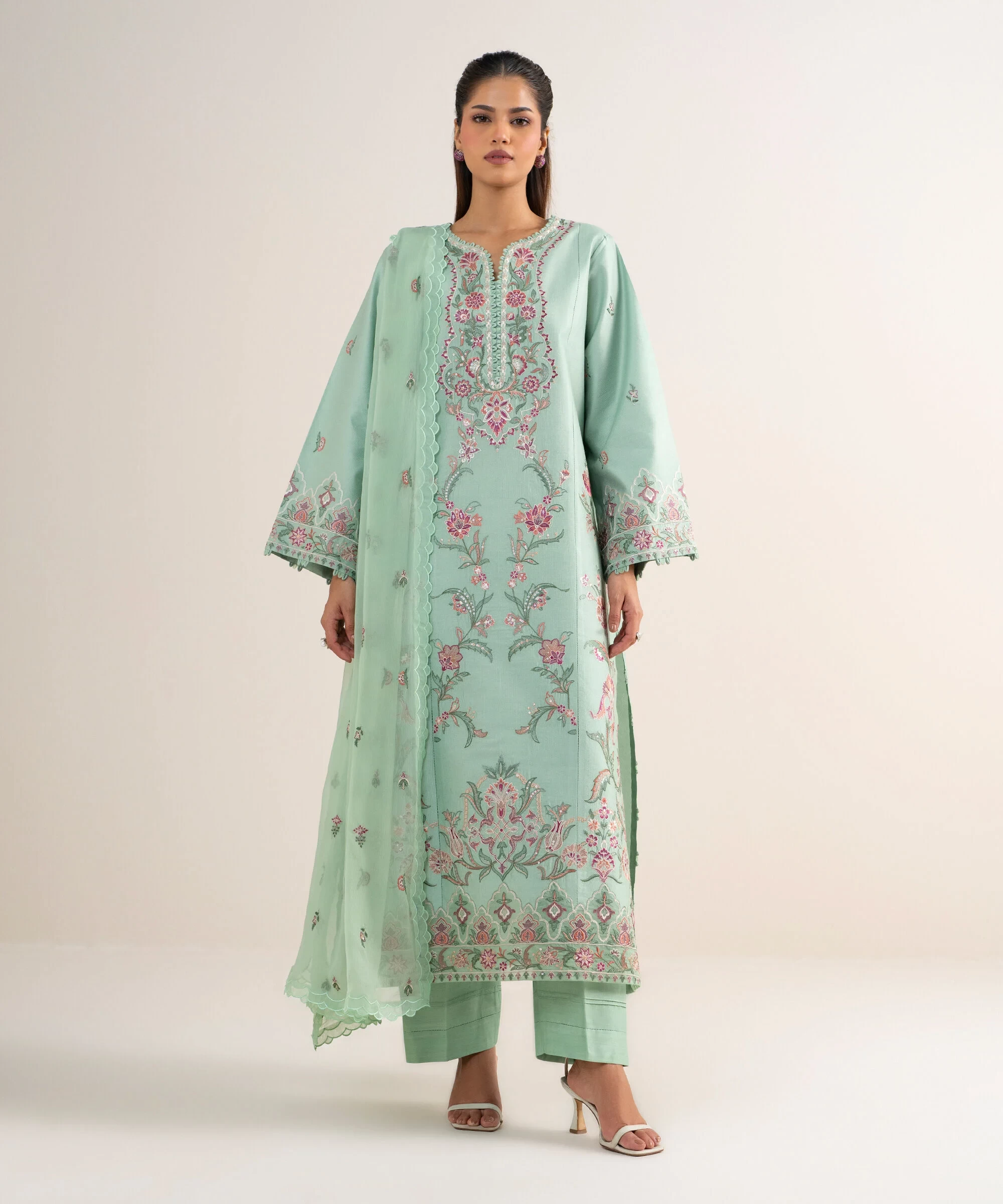 3 Piece - Embroidered Cotton Net Suit -  3PELXS26V711