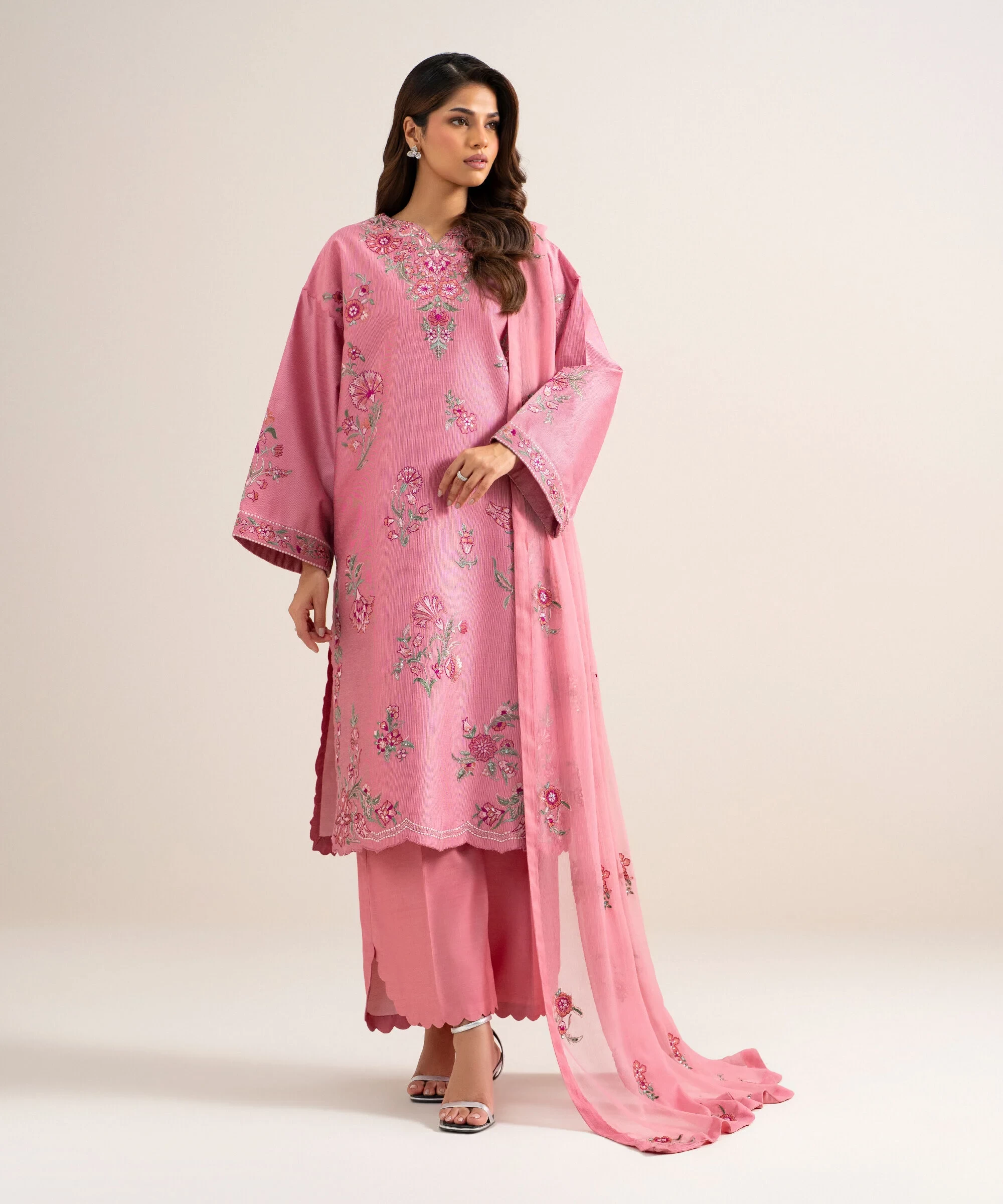 3 Piece - Embroidered Cotton Net Suit - 3PELXS26V710
