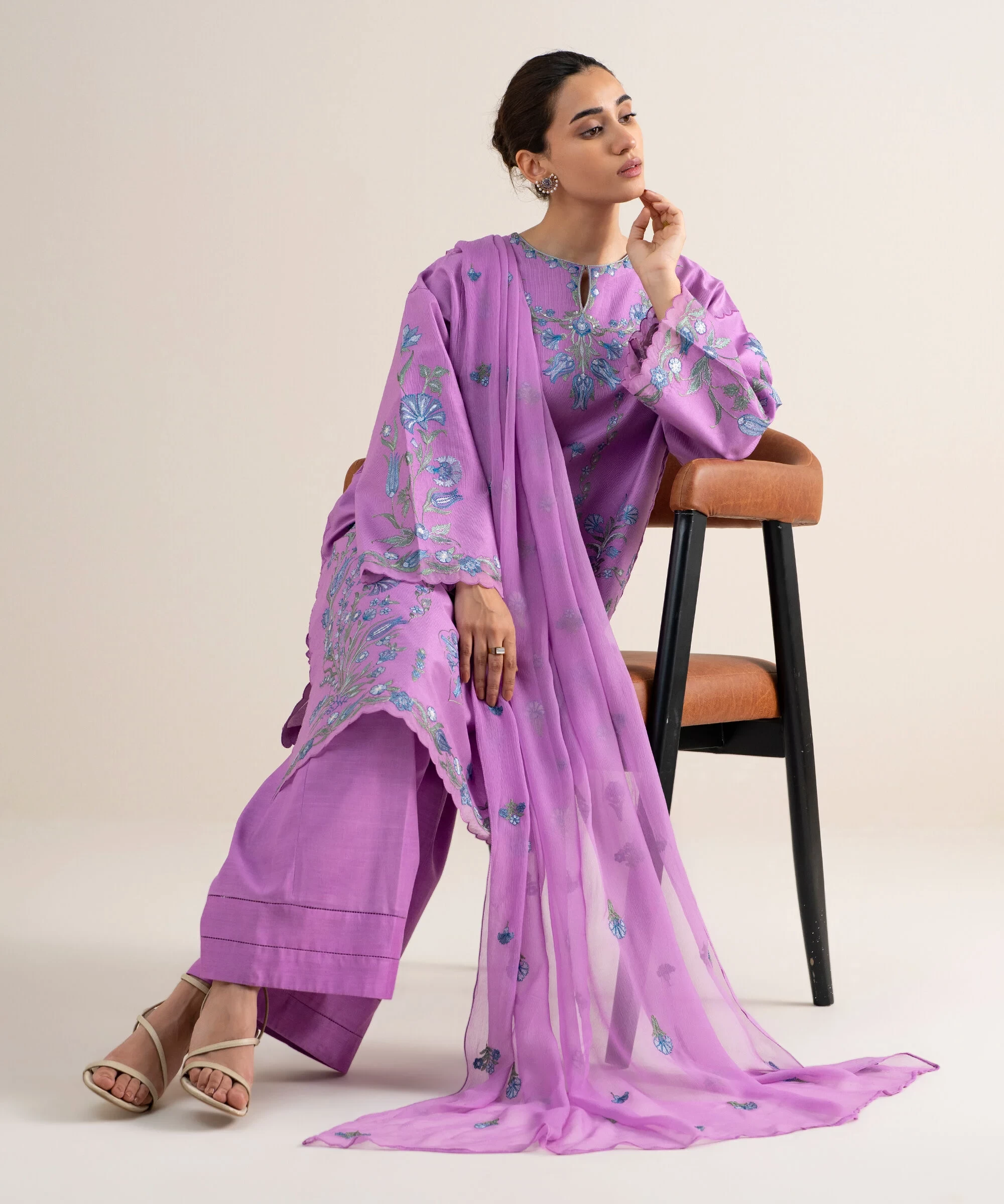 3 Piece - Embroidered Cotton Net Suit - U3PELXS26V79