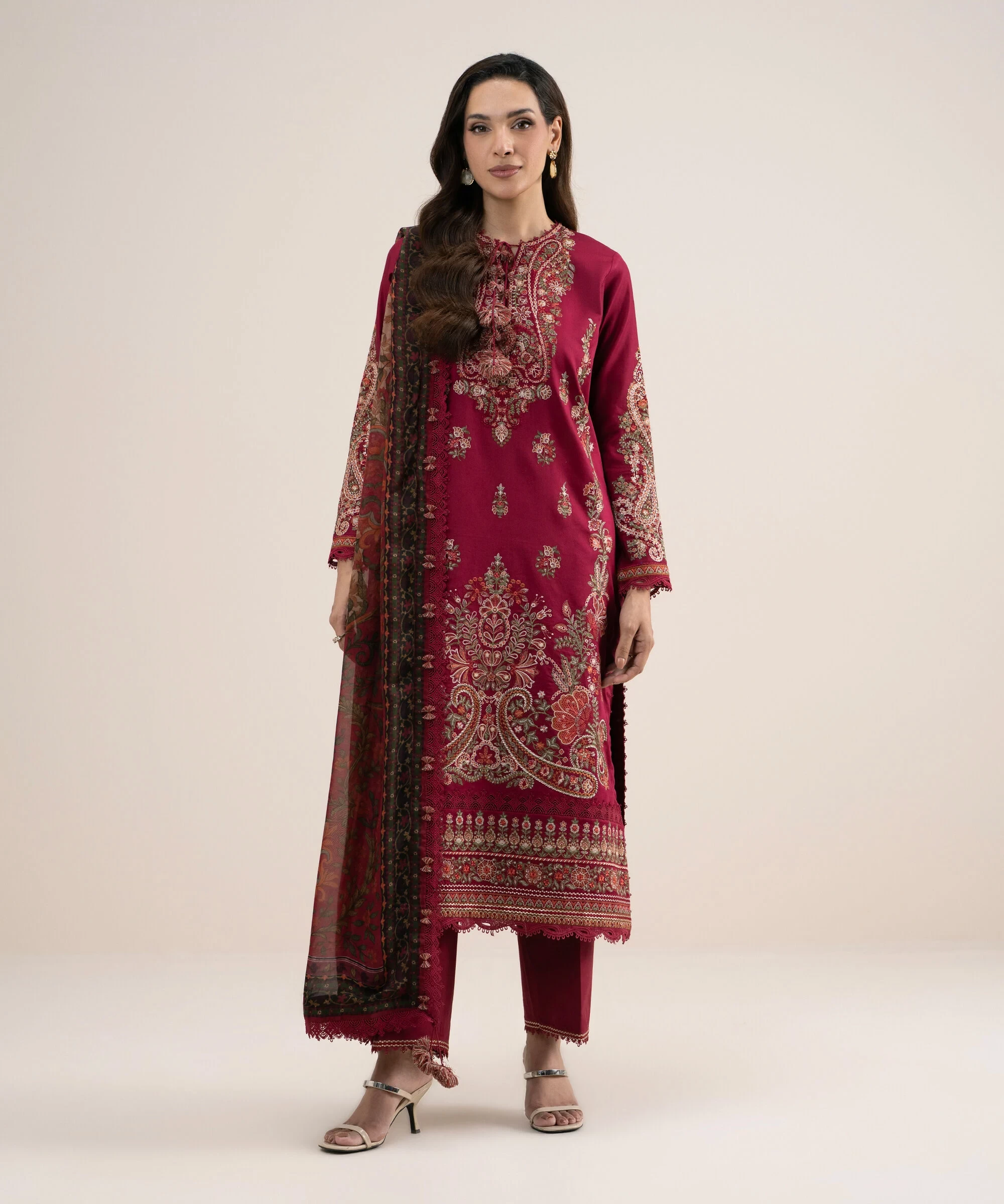 3 Piece - Embroidered Cotton Satin Suit - 3PELXS26V832