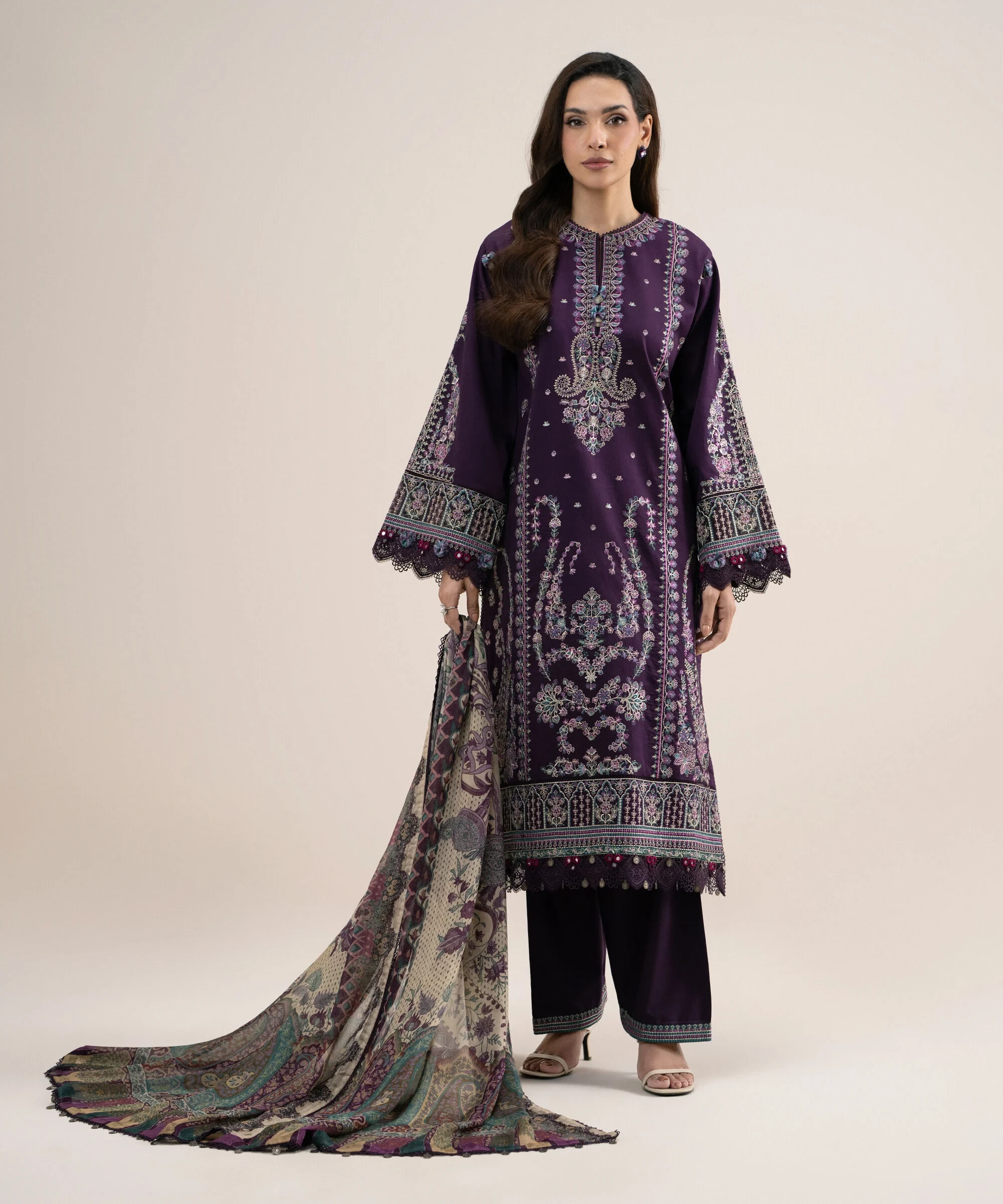 3 Piece - Embroidered Cotton Satin Suit - 3PELXS26V826