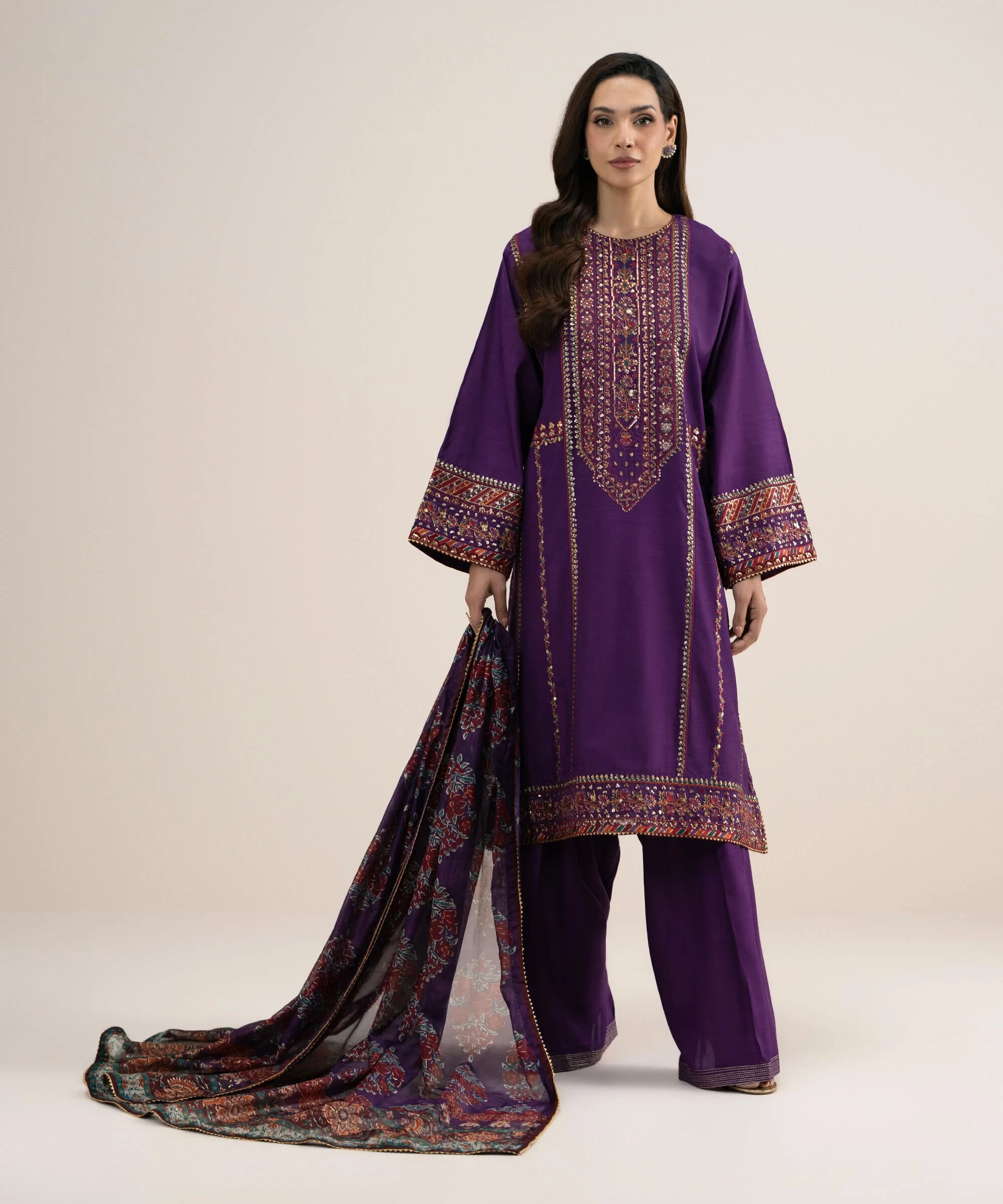 3 Piece - Embroidered Raw Silk Suit - 3PELXS26V738