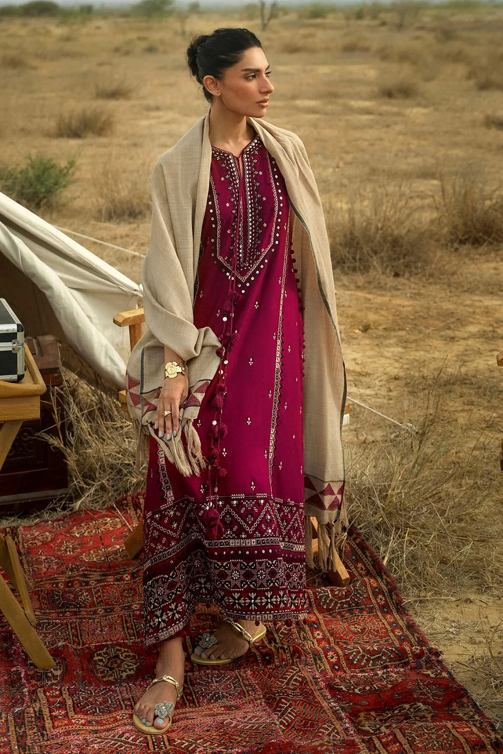 3 Piece Embroidered Pashmina Suit with Pashmina Jacquard Dupatta - W-FB-CW-26-48