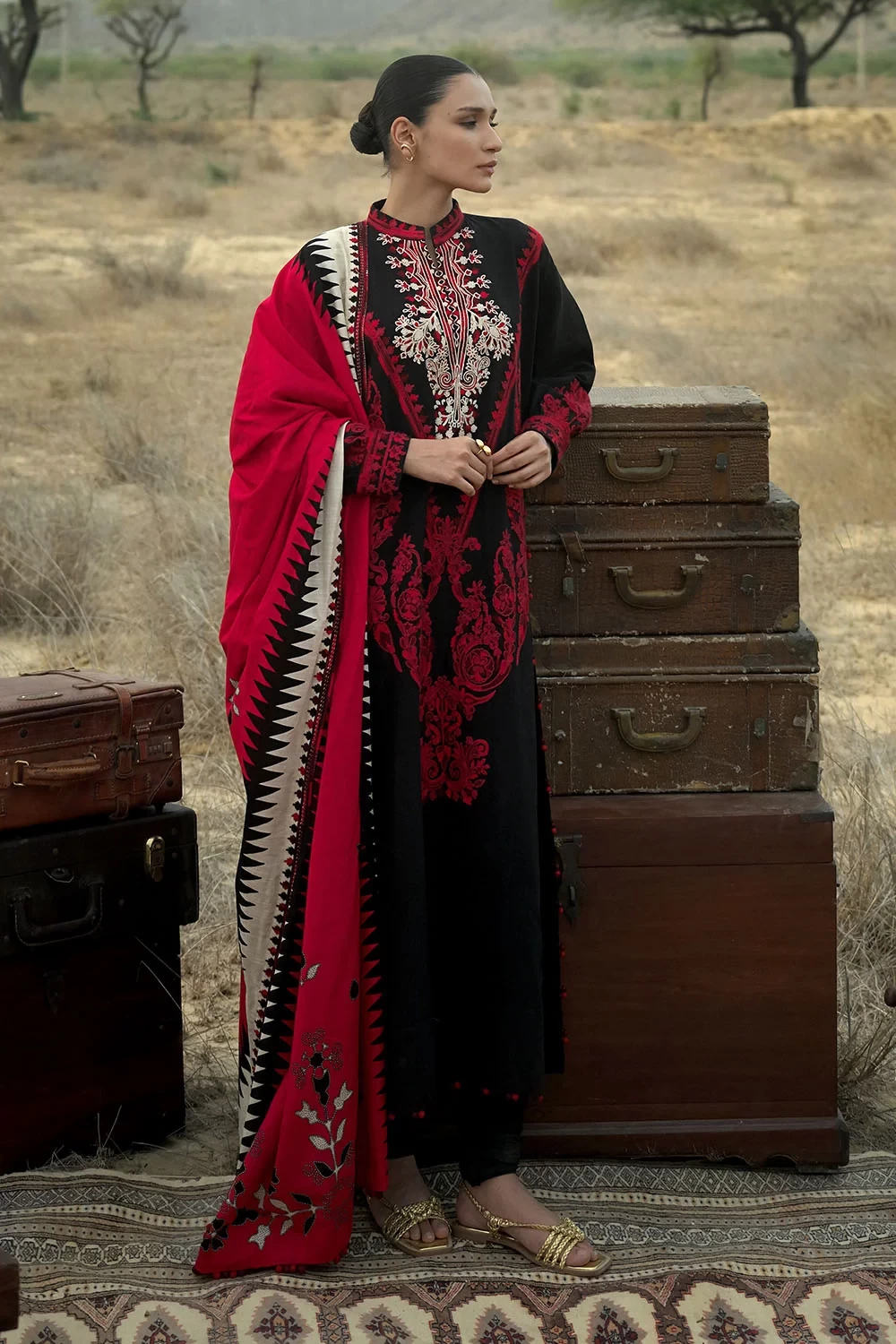 3 Piece Embroidered Khaddar Suit with Embroidered Printed Khaddar Dupatta - W-FB