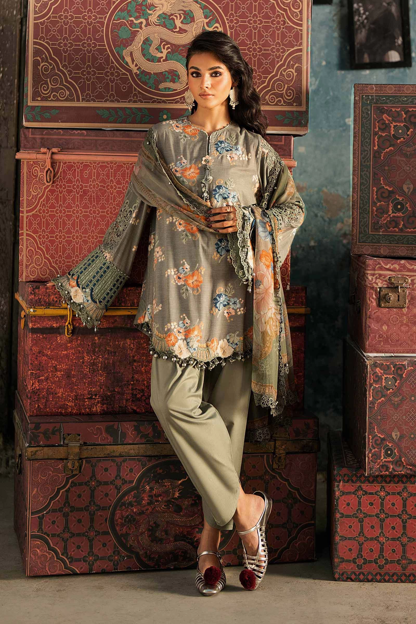 3 Piece Embroidered Cambric Suit - MPT-3103-A