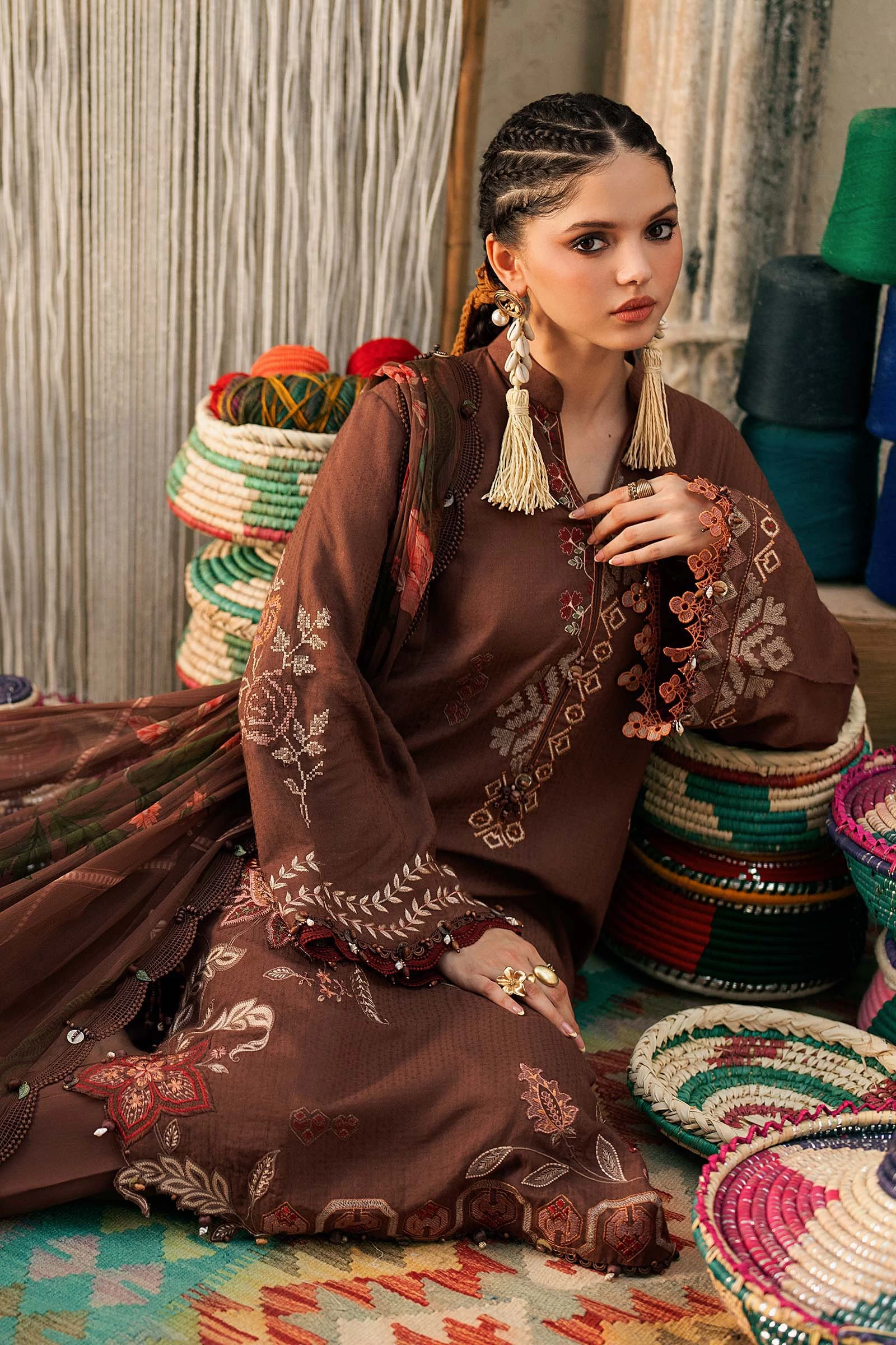 3 Piece Embroidered Dobby Linen Suit - MPT-3110-B