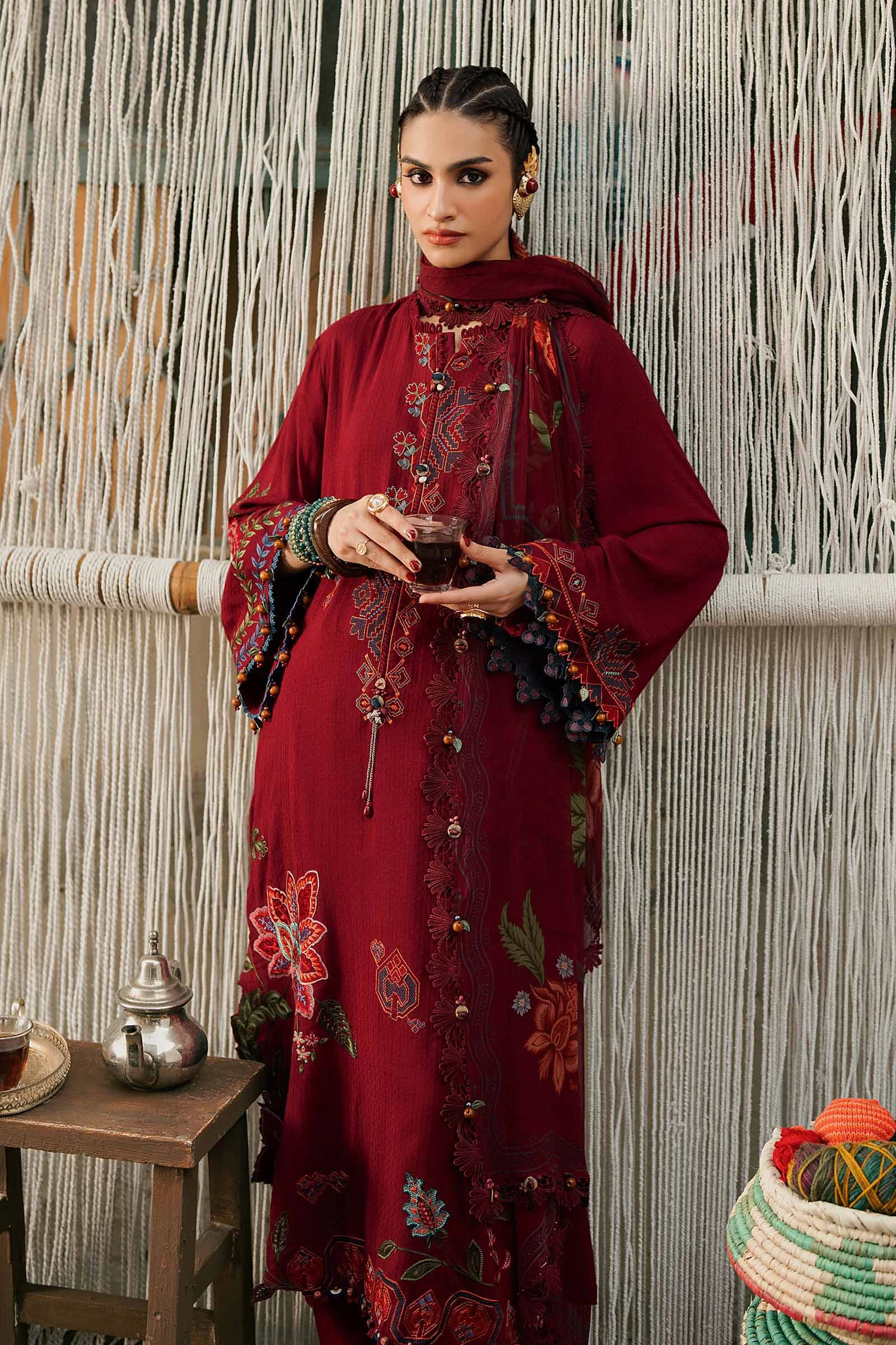 3 Piece Embroidered Dobby Linen Suit - MPT-3110-A