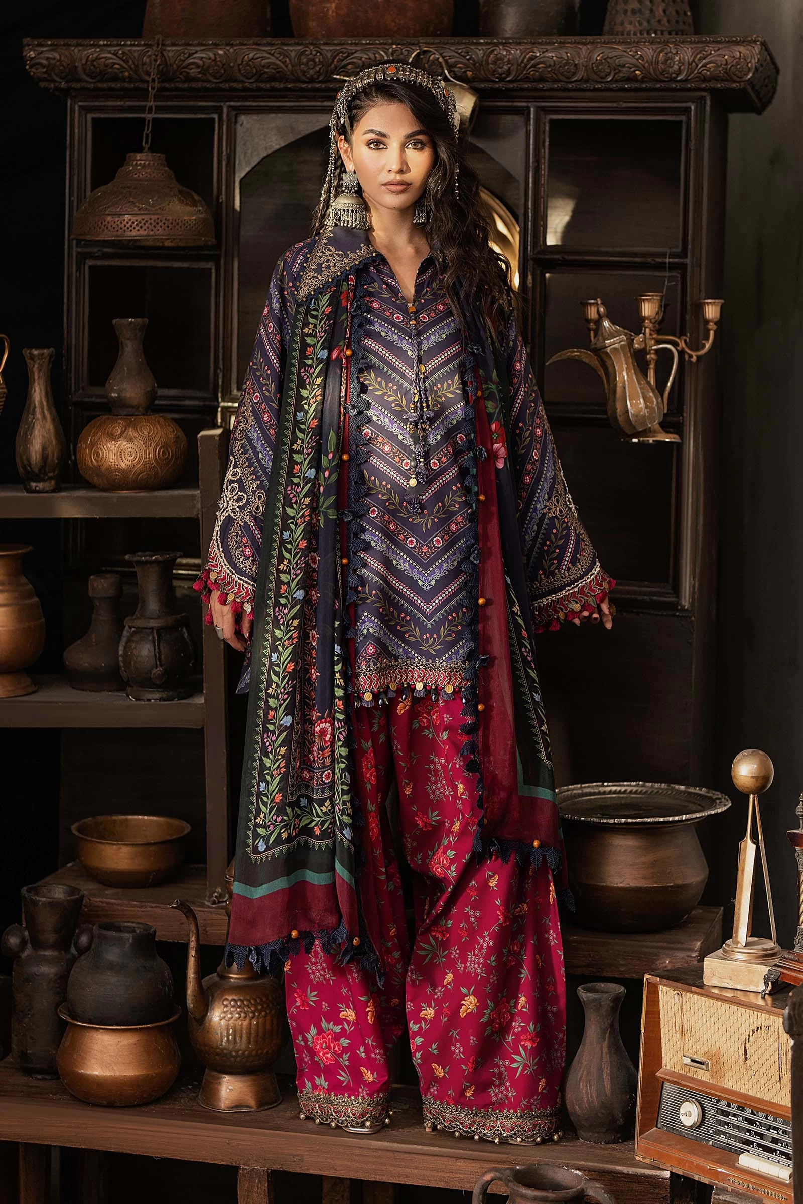 3 Piece Embroidered Cambric Suit - MPT-3107-B