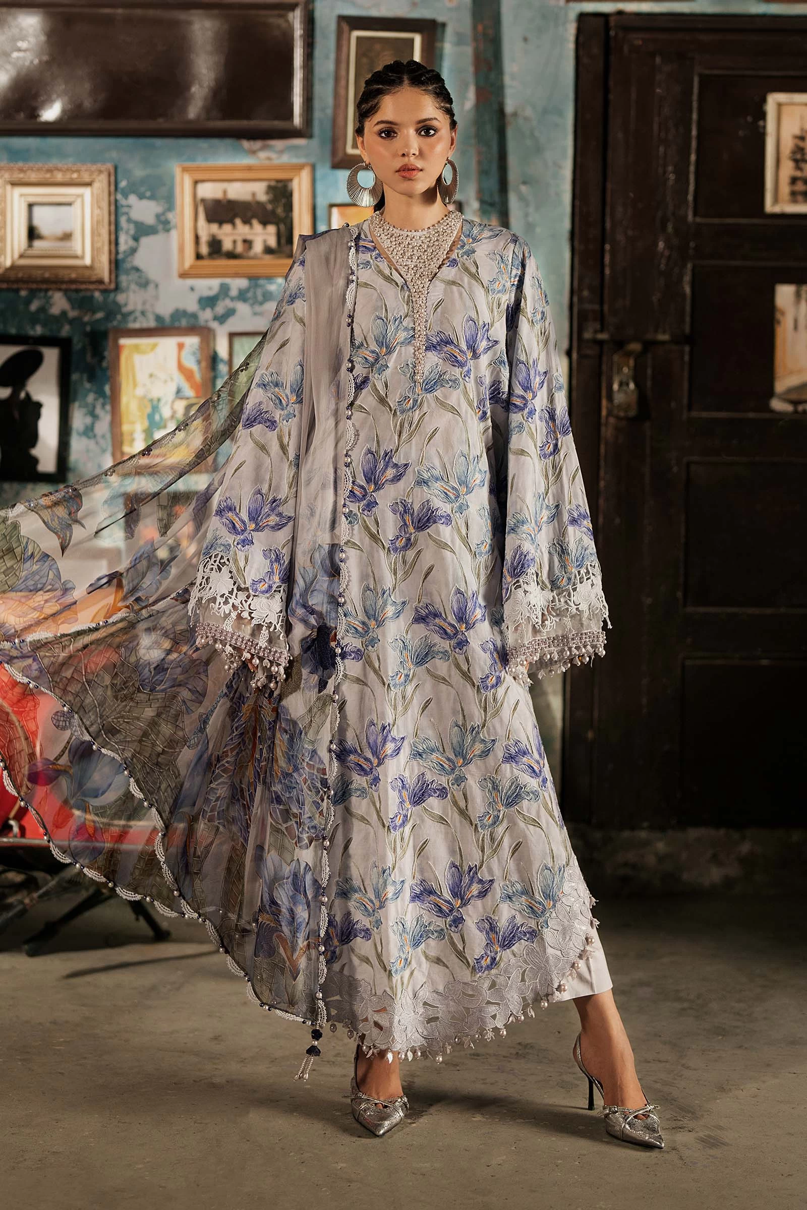 3 Piece Embroidered Cambric Suit - MPT-3104-A