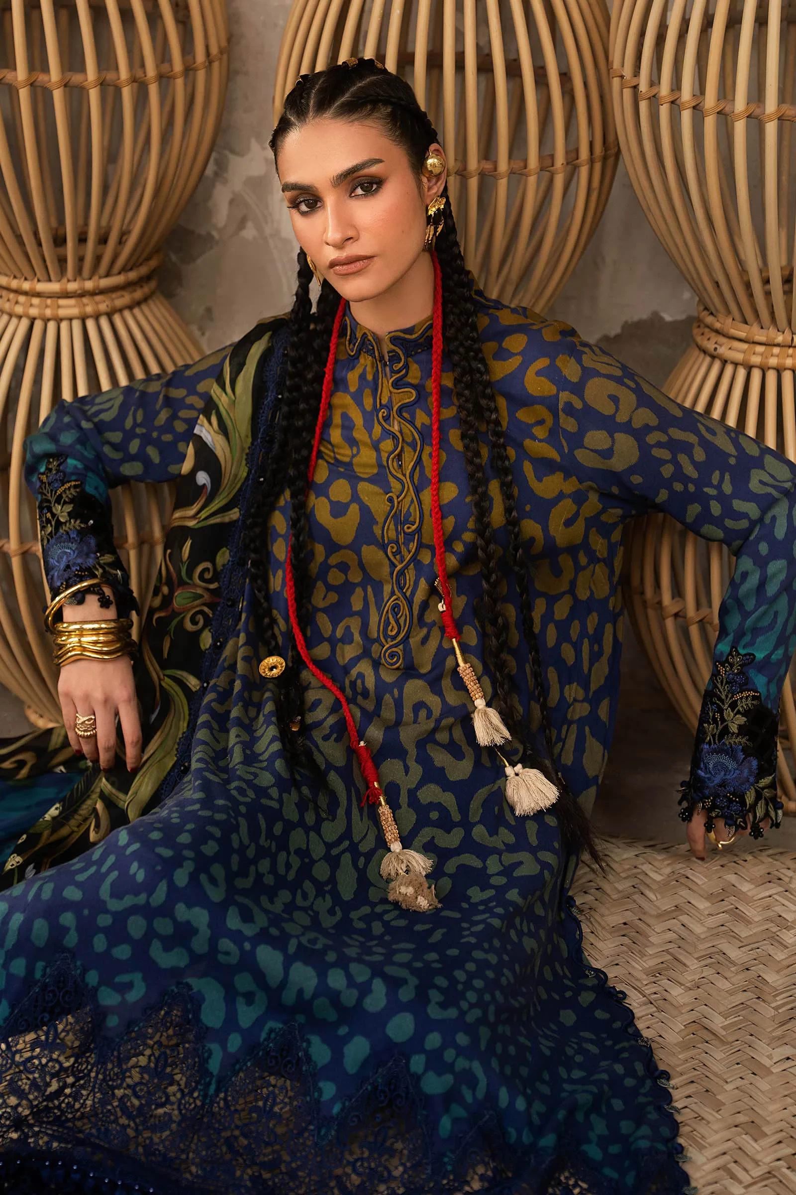 3 Piece Embroidered Linen Suit - MPT-3101-B