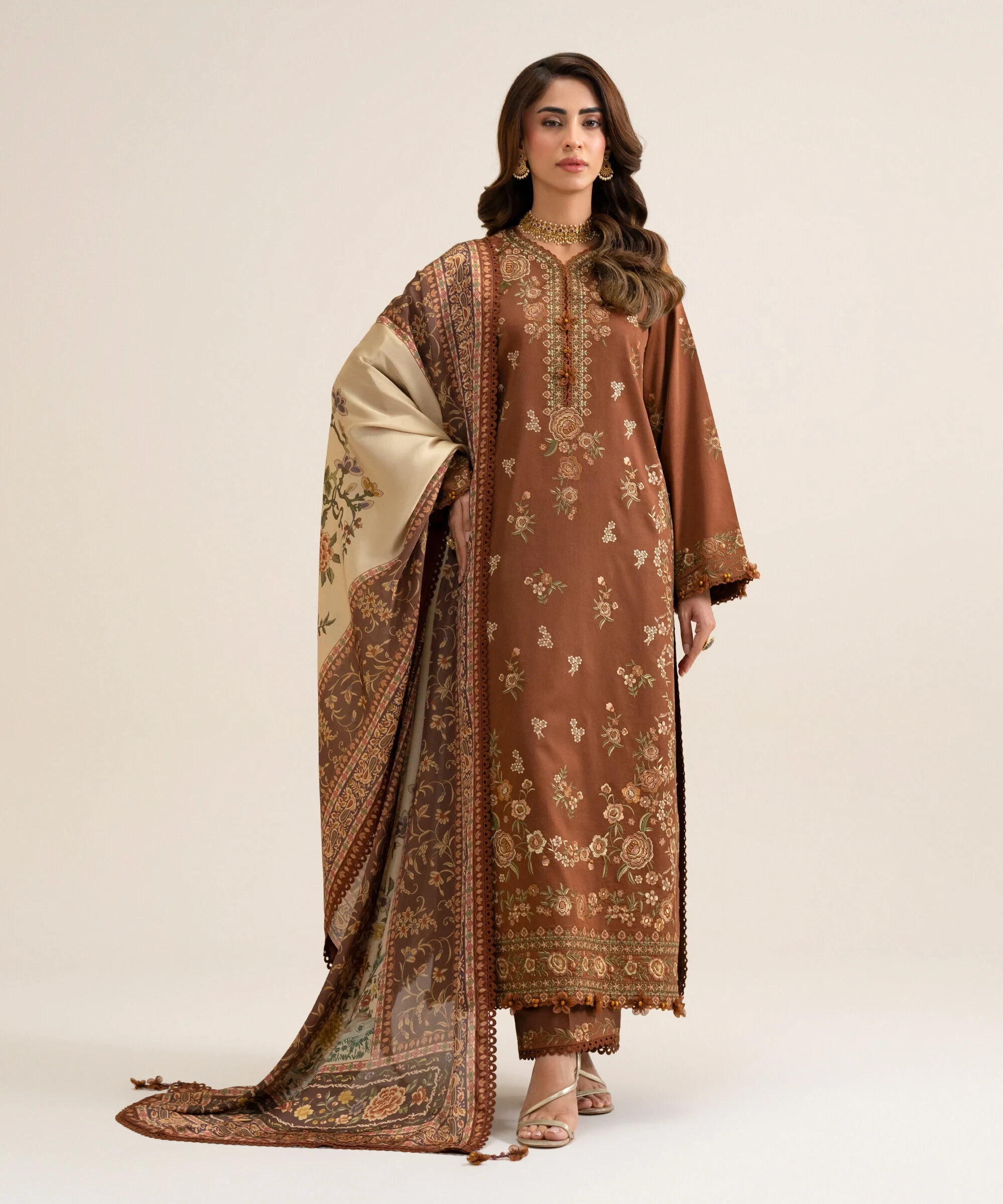 3 Piece - Embroidered Fine Cotton Satin Suit - U3PELX26V911