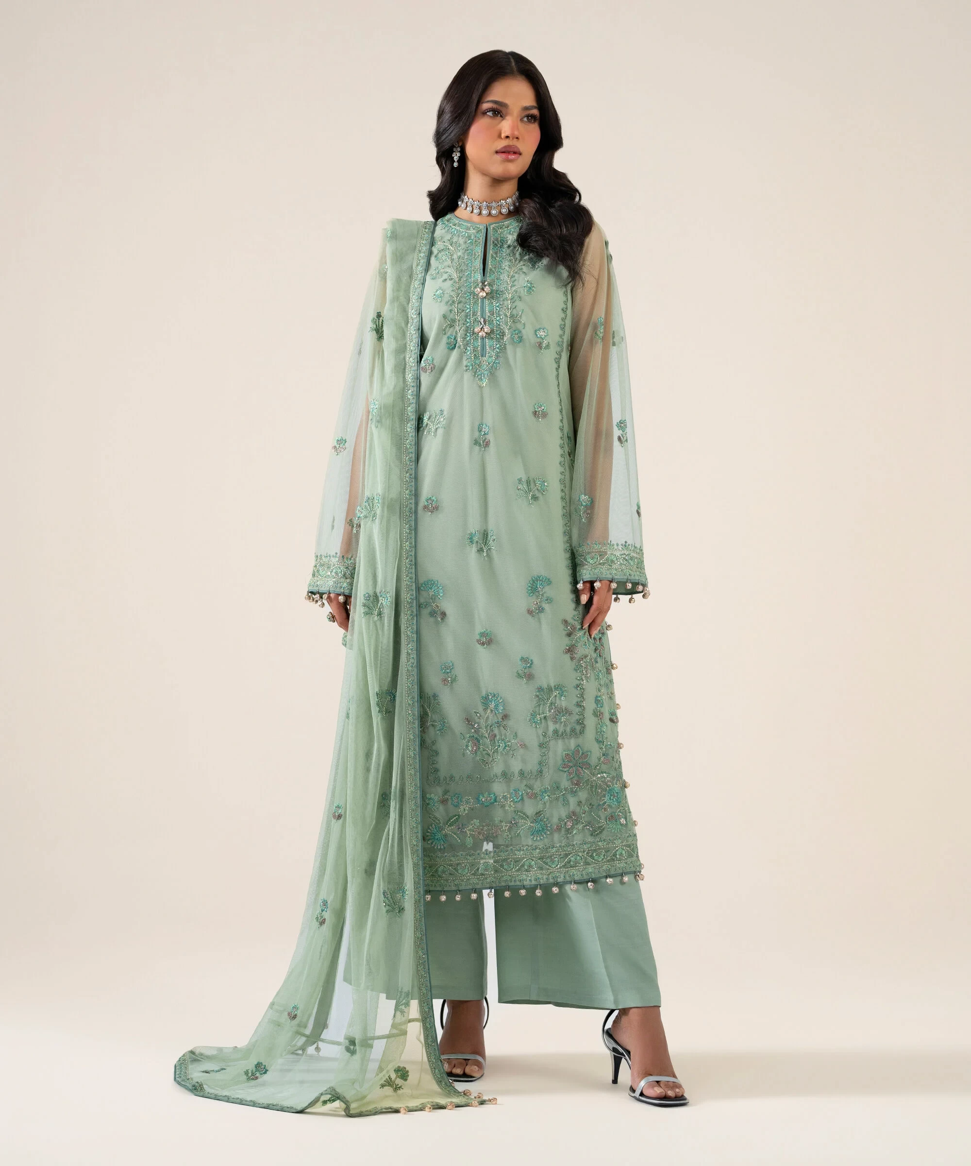 3 Piece - Embroidered Net Suit - U3PELXS26V91